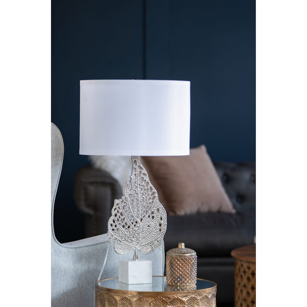 D15x29.3" White and Silver Leaf Table Lamp with Drum Shade and Marble Base