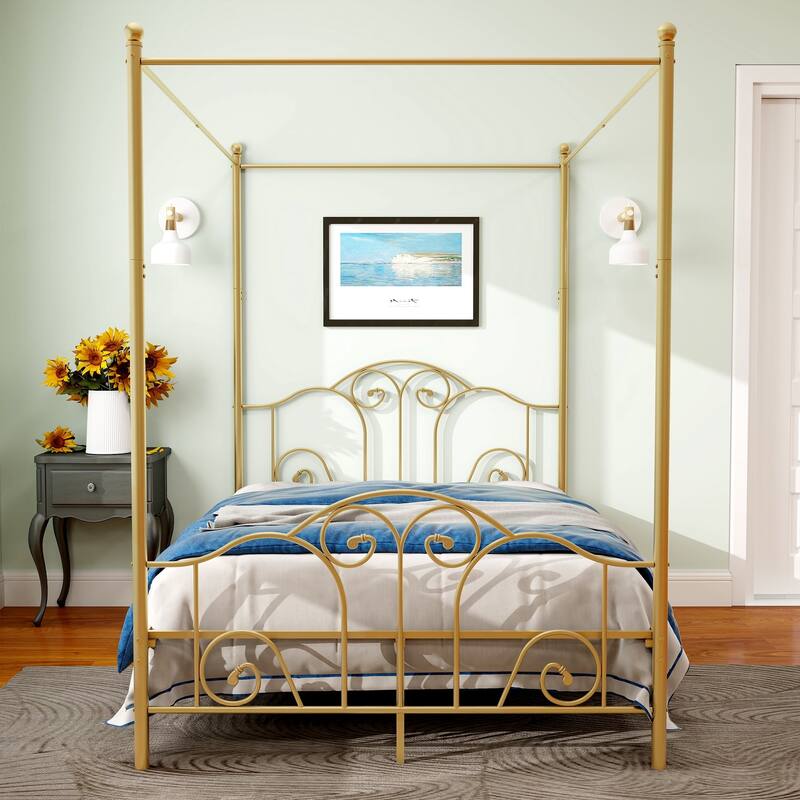 Alazyhome Canopy Metal Bed Frame, Metal Slat Support