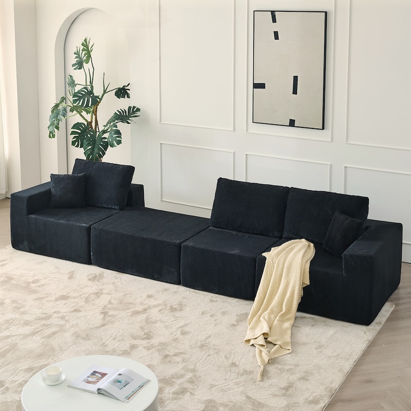 Corduroy Fabric 3 Seater Sectional Sofa with Ottoman Chaise Transforms Into Sleeper Sofa Bed, Modular Flexible Cloud Sofa Set