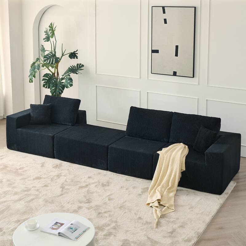 Modular L Shaped Sectional Sofa with Ottoman, Corduroy Boneless Cloud Sofa, 3 Seater Upholstered Sofa with 2 Pillows