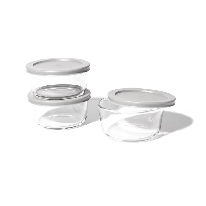 Glass Food Storage Containers Set - Round, 2-Cup (16oz) BPA-Free, Microwave & Oven Safe, Airtight Lids - 6 Piece Set (3 Containers + 3 Lids) - Grey