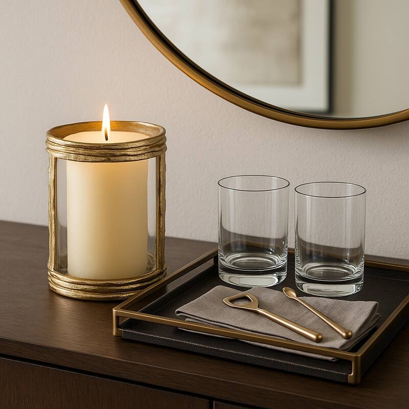 Aluminum Glass Pillar Holder Sculpted Organic Frame Handcrafted Detail