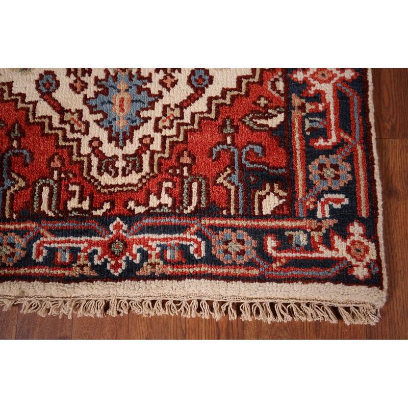 Ivory Geometric Heriz Serapi Oriental Runner Rug Handmade Wool Carpet - 2'7"x 8'1"
