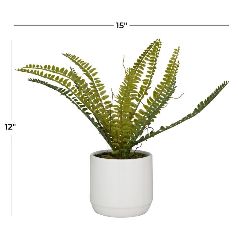 Faux Foliage Fern Artificial Plant with Realistic Leaves and White Ceramic Pot - Green - Roche River Decor - 10"W x 15"L x 12"H