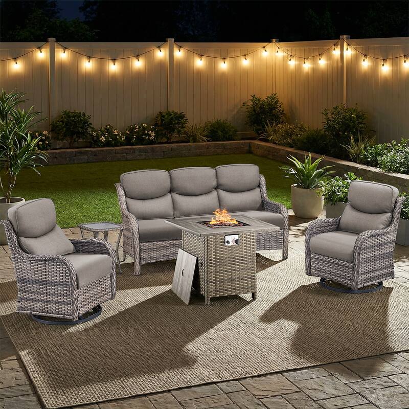 Pocassy Outdoor Propane Fire Pit Table with Sofa Swivel Chair Funiture Set. - Gray Wicker Gray Cushion - 5-Piece Sofa Swivel Chair Table w/ Fie Pit Table