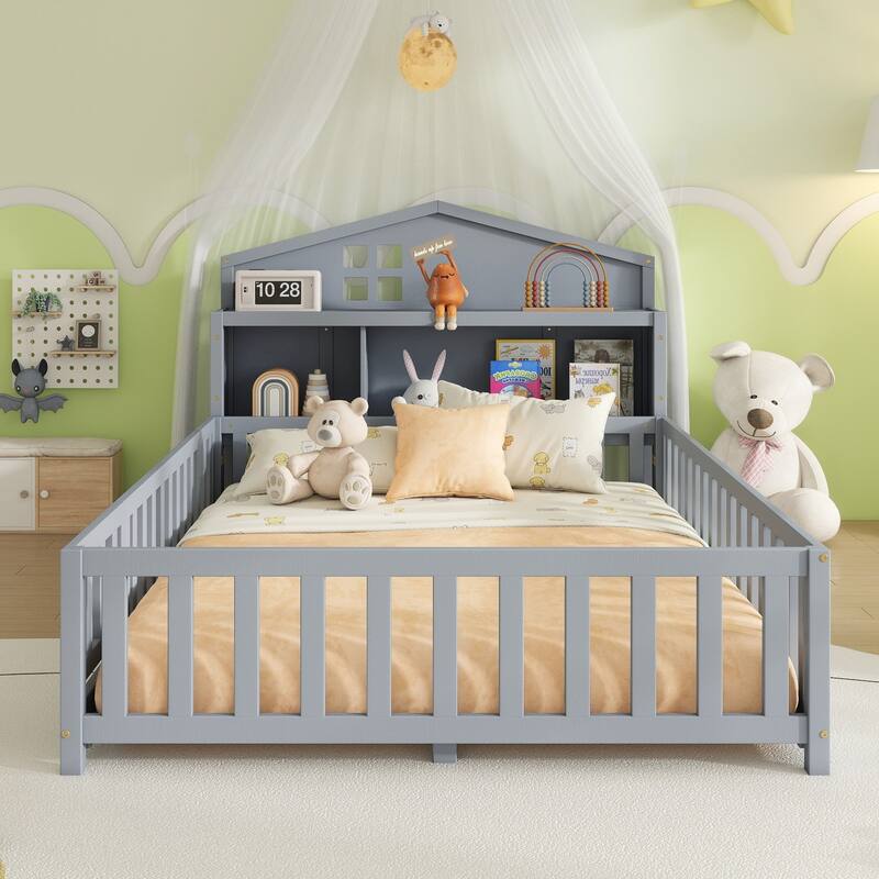 Wooden Full Size Montessori Floor Bed with Bookcases and Blackboards, Solid Pine Floor Platform Bed Frame with House Headboard