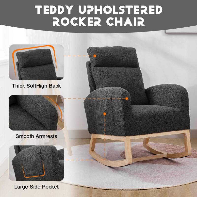 Dark Grey Polyester Wood Rocking Chair with High Back and Side Pocket - 35.43” D x 25.98” W x 40.94” H
