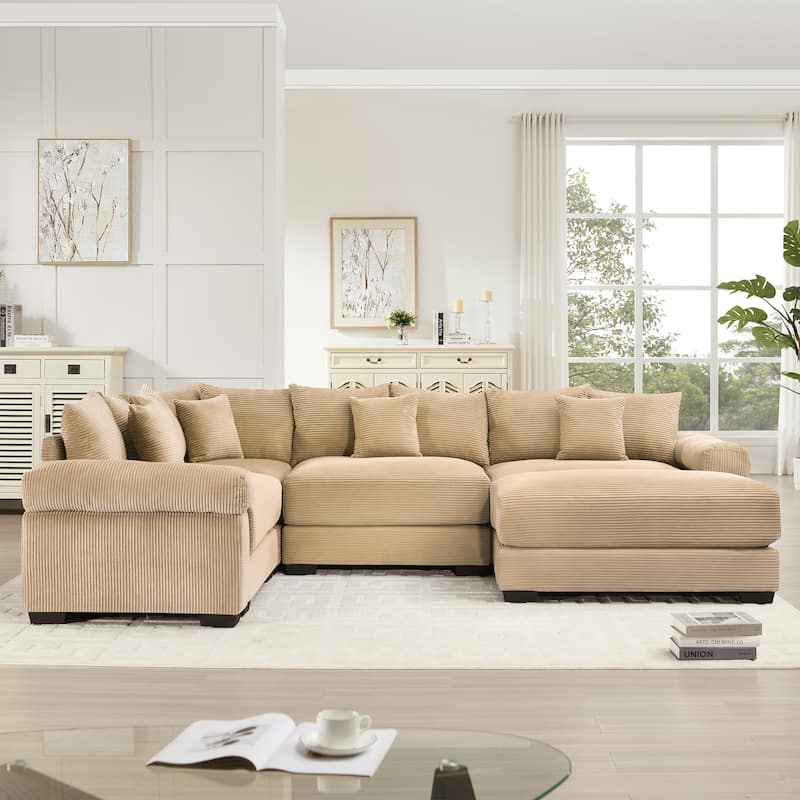 4-Seat Convertible Cloud Corduroy Modular Sofa with 13 Throw Pillows