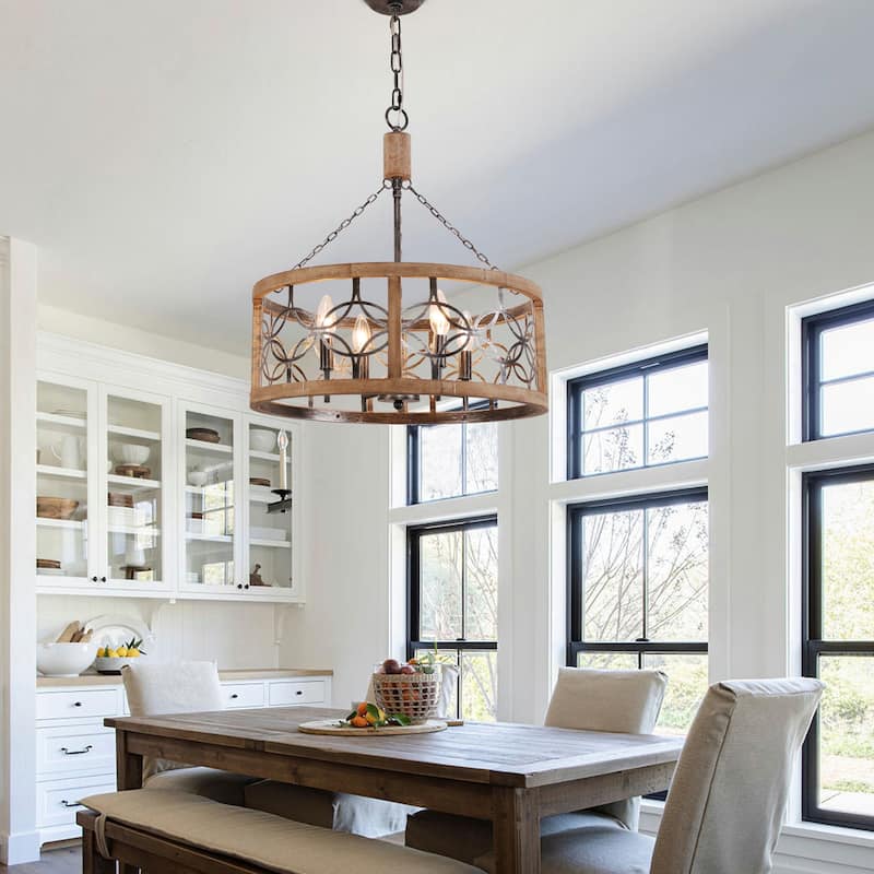 Cusp Barn 4-Light Rustic Wood Chandelier Shabby Hanging Lamp Farmhouse Drum Pendant Light Fixtures for Entryway