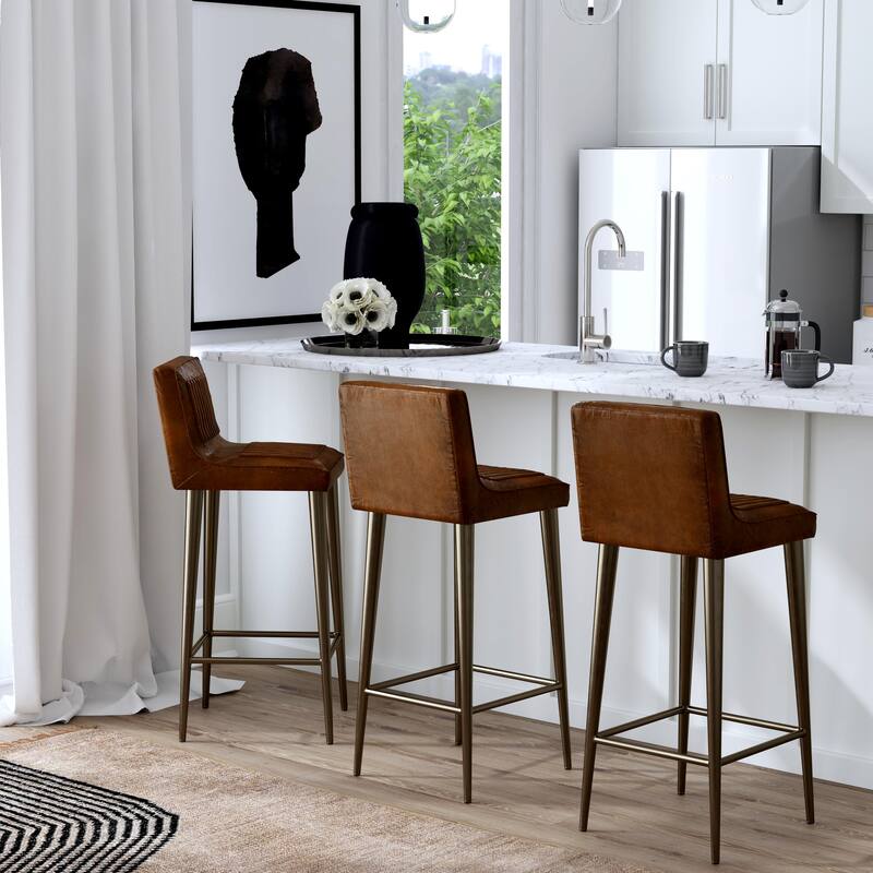 Maxwell 32 in. Seat Height Leather and Iron Bar Height Stool with Back