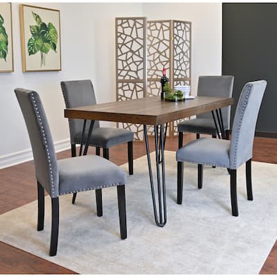 Rectangular Dining Table and Chair Sets with Chrome Nailhead Trim Chairs and Metal Hairpin Legs for Living Room Kitchen