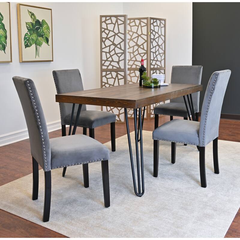 Vintage Dining Table and Chair Sets with Chrome Nailhead Trim Chairs and Metal Hairpin Table Legs for Kitchen Dining Room