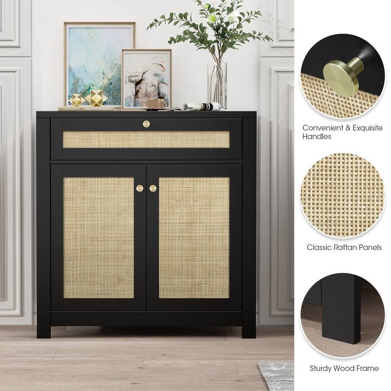 Anmytek 2-Door Black Rattan Cabinet with Drawer Storage Sideboard Buffet 31.5"W x 13.7"D x 32.8"H
