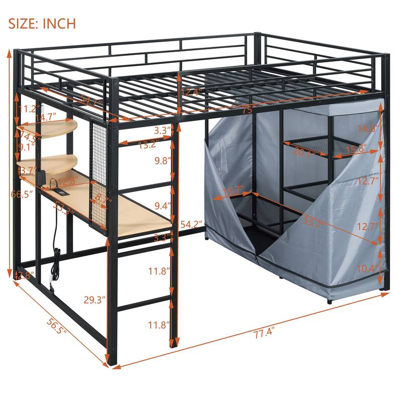 Full Size Metal Loft Bed with Workstation Desk, Built-In Shelves, LED Light Strip, Power Outlet & Hanging Wardrobe Storage