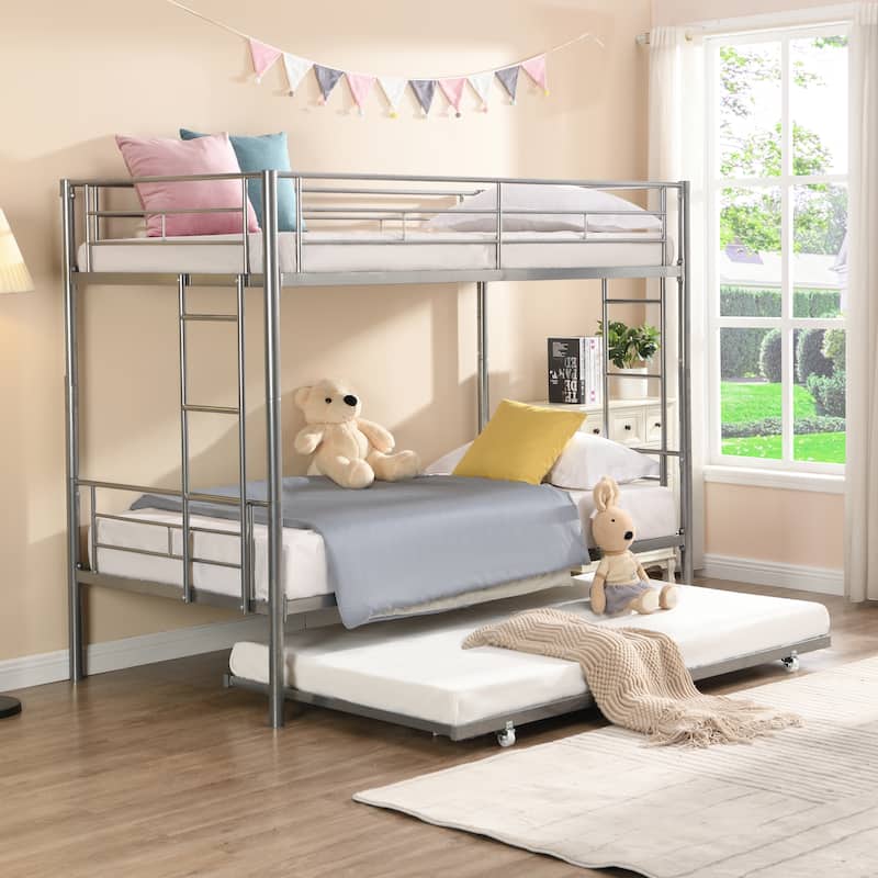 Full Bunk Bed with Trundle,Triple Bunk Beds w/Two Side Ladders&Safety Guard Rail,3 in 1 Bunk Beds for Kids Teens - Silver