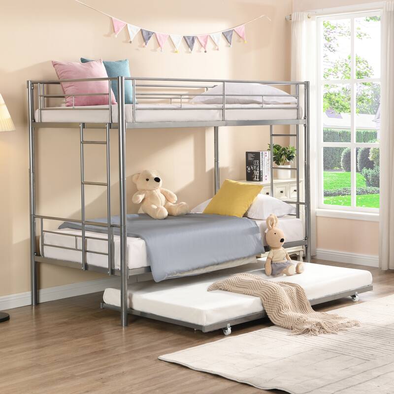 Silver Twin over Twin Size Metal Bunk Bed with trundle, Ladder and Fence for Bedroom - Silver