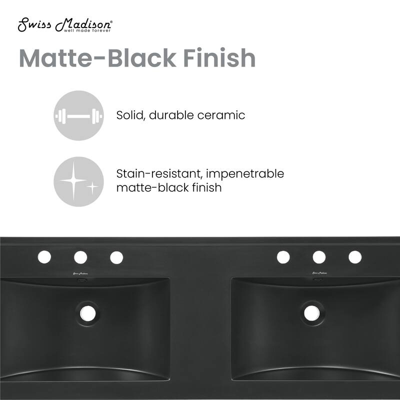 48" Ceramic Vanity Top Double Basins In Matte Black With 3 Holes