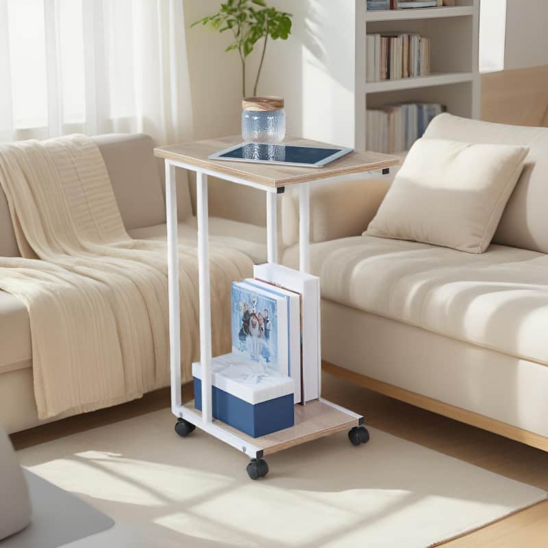 JJS Side End C Table for Sofa, Living Room Couch Table Snack Table That Slide Under for Small Spaces