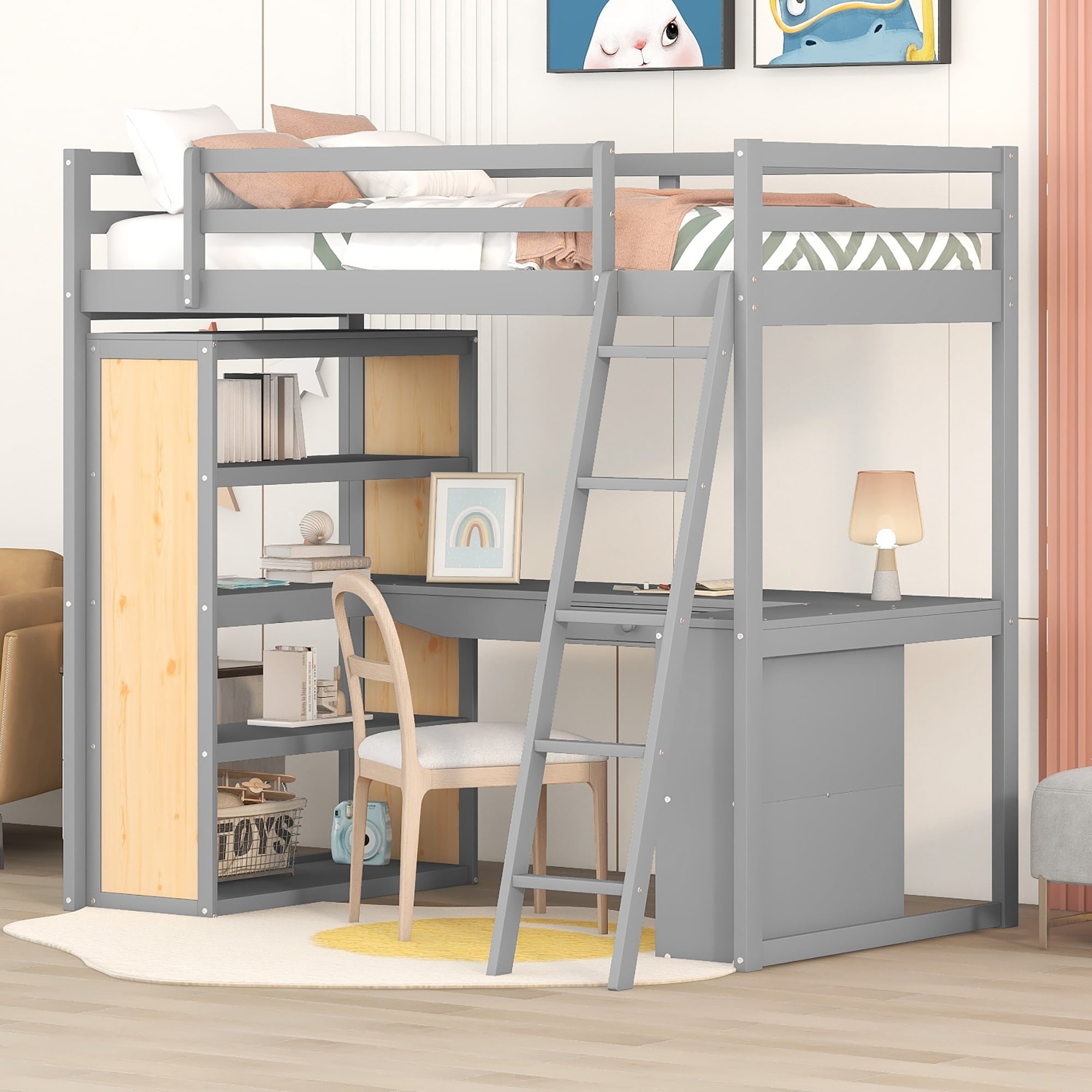 Elegant Space Saving Loft Bed with Ladder Shelves and Desk Wood