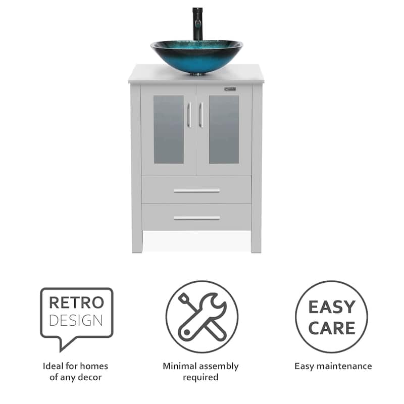 Eclife 24" Bathroom Vanity Gray Set Glass/ Ceramic Vessel Sink Cabinet Faucet Drain Combo Free Standing
