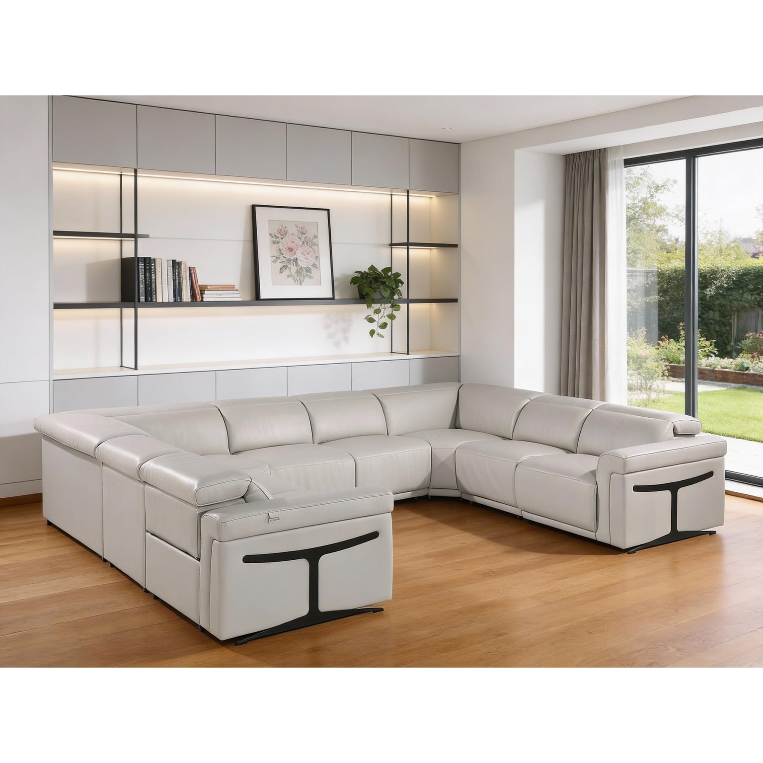 HomeRoots Light Gray Italian Leather Power Reclining U Shaped Eight Piece Corner Sectional With Console