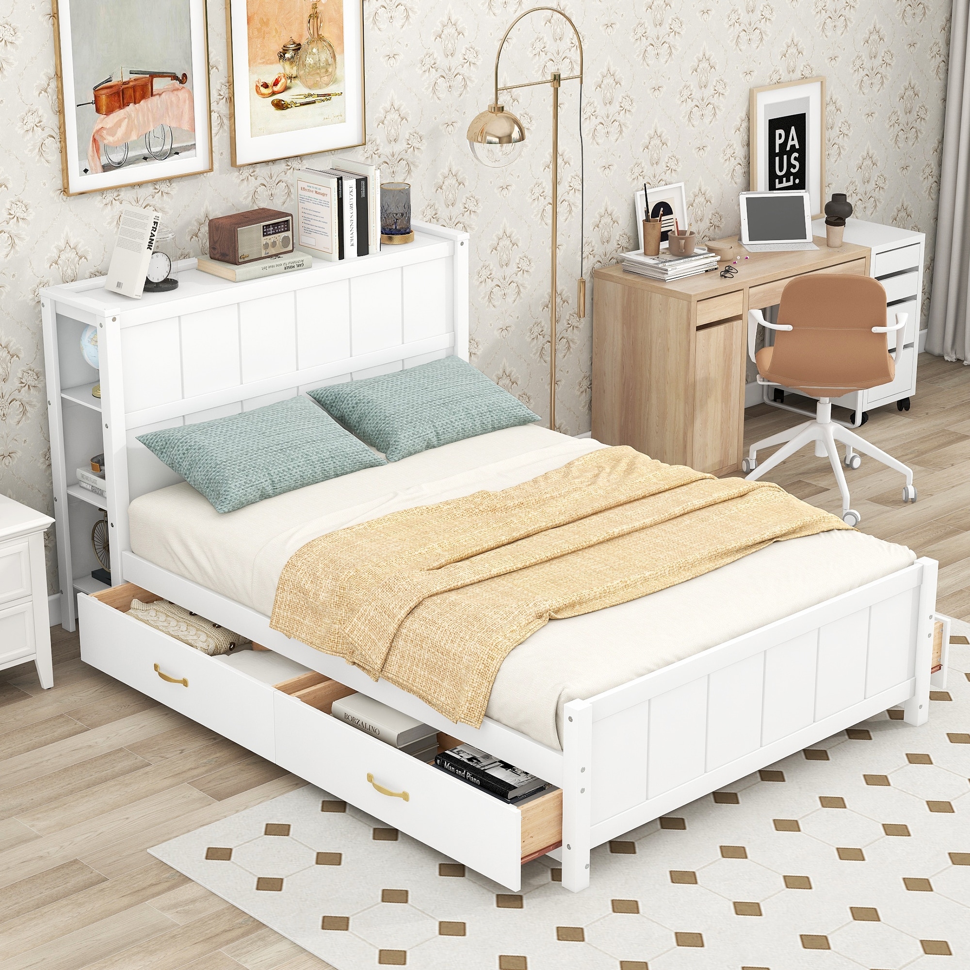Full size storage bed with bookcase headboard deals