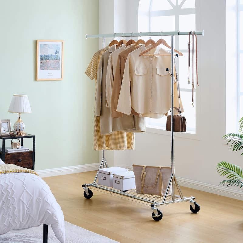 Heavy Duty Clothes Rack, 600/800 lbs Clothing Racks with Wheels, Rolling Garment Rack Collapsible - Single-Silver A