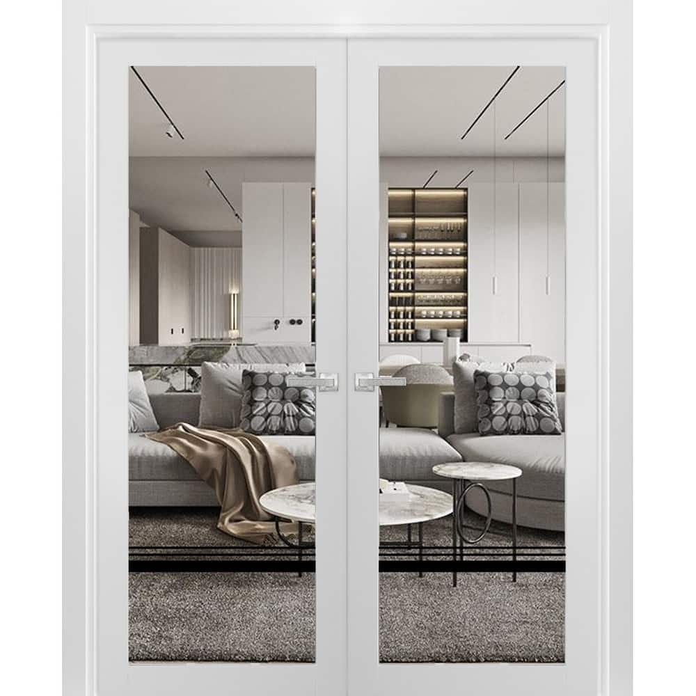 Solid French Double Doors 36 x 80 Lucia 2666 White Silk Clear Glass