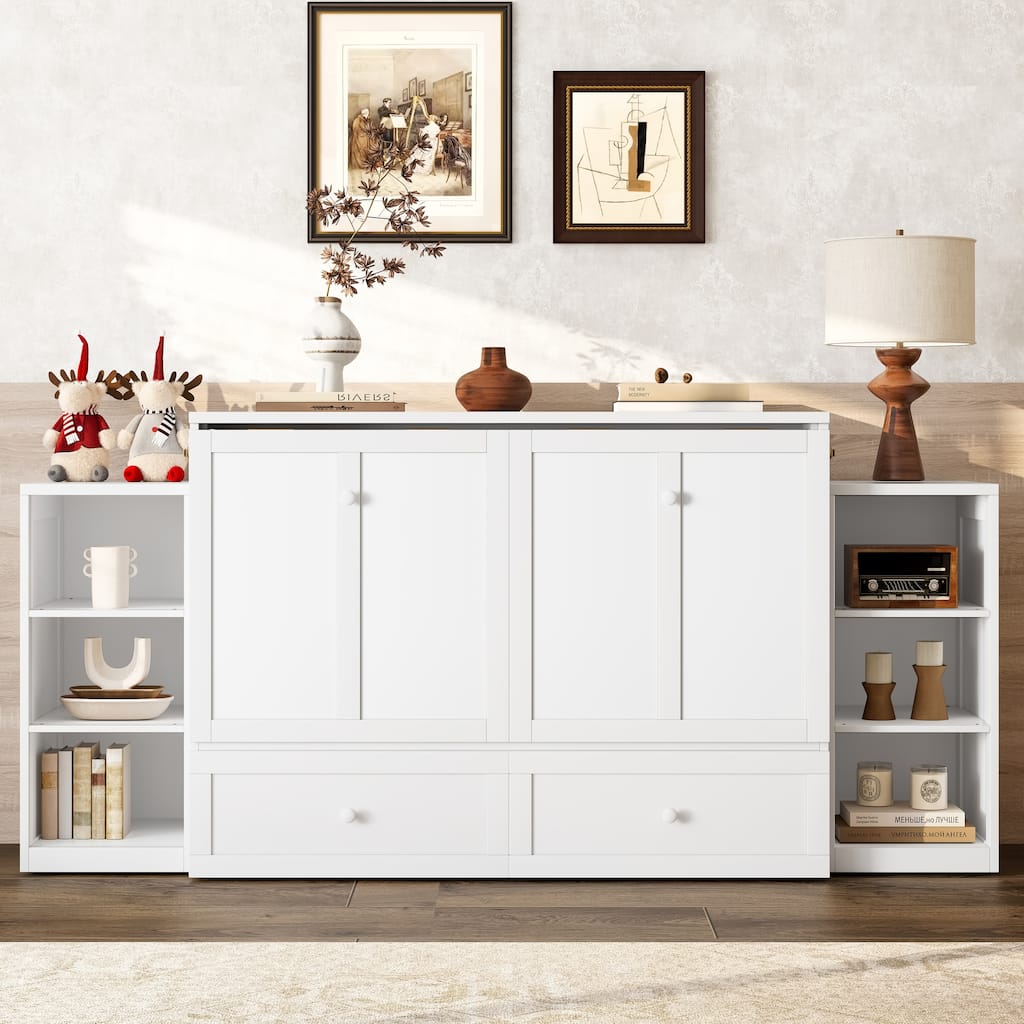 Roomfitters Murphy Bed with Storage Drawers and Shelves, Solid Wood Wall Bed Cabinet