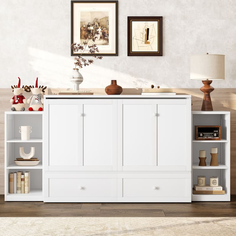 Roomfitters Murphy Bed with Storage Drawers and Shelves, Solid Wood Wall Bed Cabinet