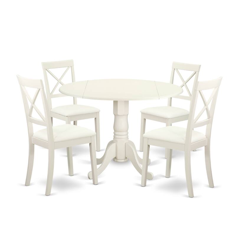 East West Furniture 5 Piece Dining Set- a Round Kitchen Table and 4 Faux Leather Dining Chairs, 42x42 Inch, Linen White