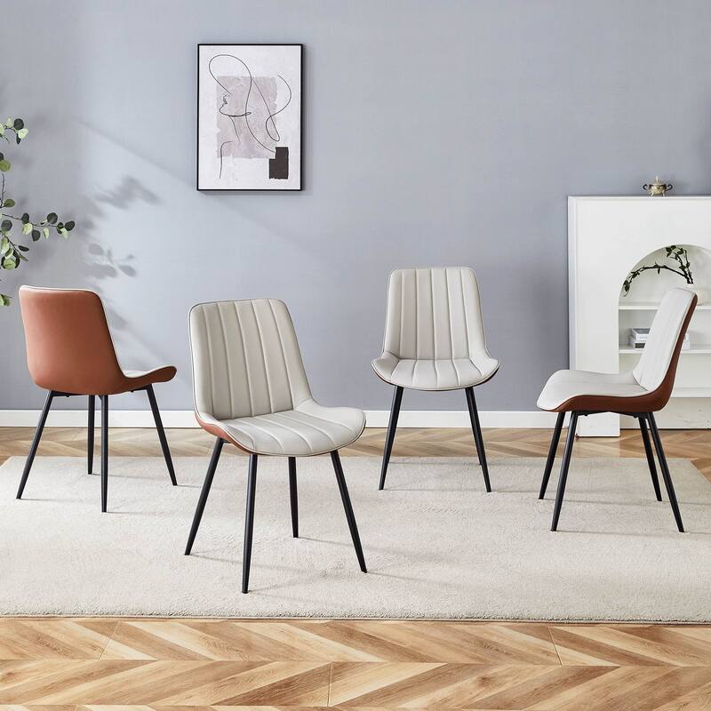 Dining Chair Set of 4 PU Extended Seating with Black Metal Legs - Brown+Gray