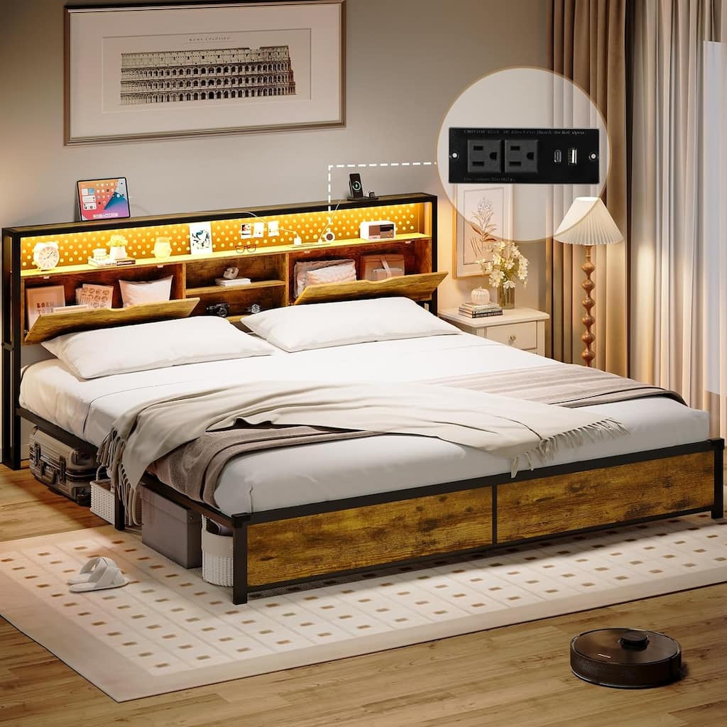 Bed Frame Hidden Storage Headboard 2-Tier Built-in LED Lights Metal