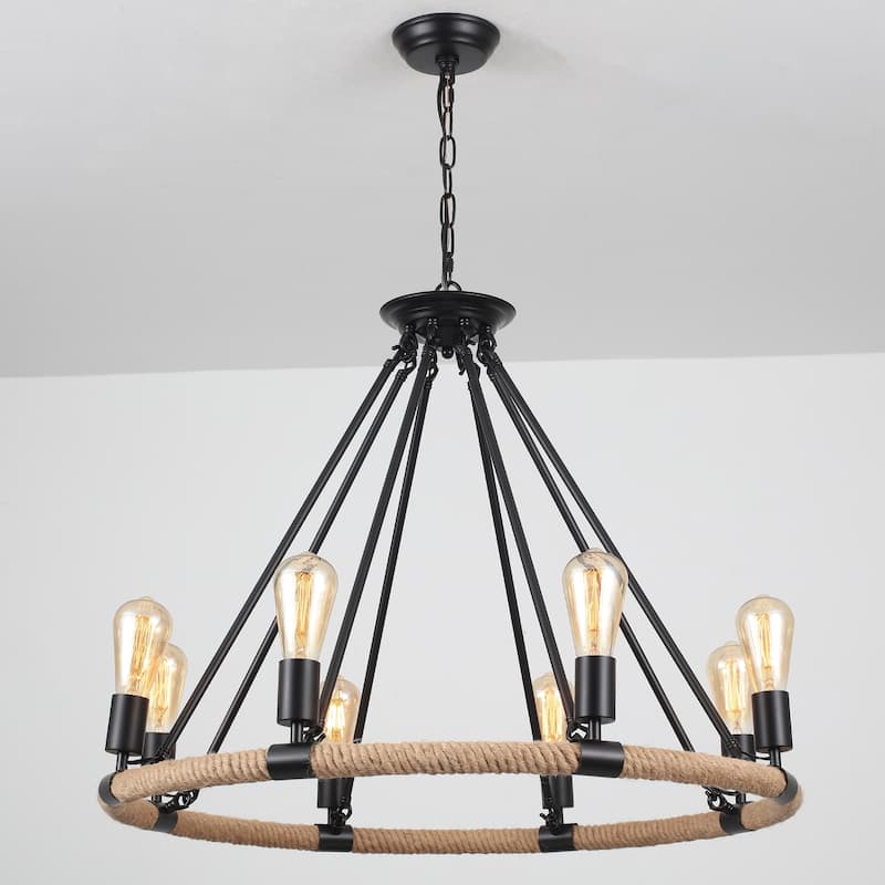 8-Light Classic Semi Flush Mount Chandelier, Farmhouse Modern Wagon Wheel Chandelier for Dining Room - W30.71"x H25.59" - Black