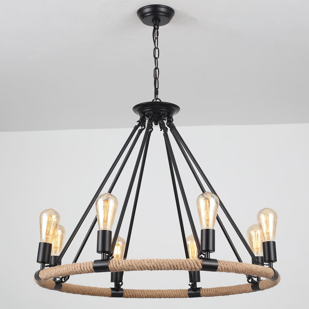 8-Light Classic Semi Flush Mount Chandelier, Farmhouse Modern Wagon Wheel Chandelier for Dining Room - W30.71"x H25.59"
