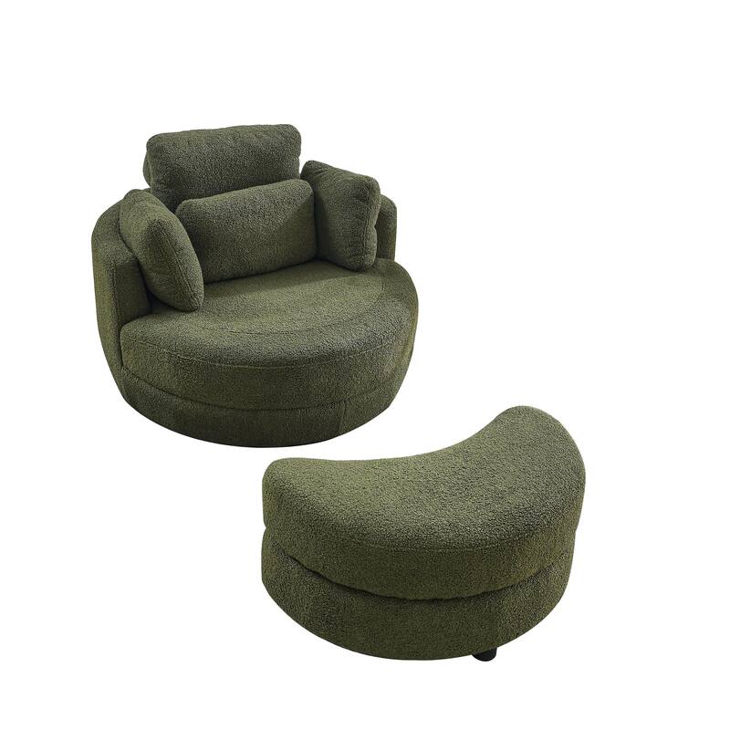 Oversized Teddy Fabric Swivel Barrel Chair with Moon Ottoman & 4 Pillows