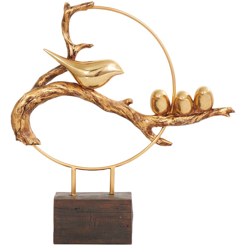 Polystone Bird Family On A Branch Sculpture with Brown Block Base - Gold - Roche River Decor - 4"W x 15"L x 16"H