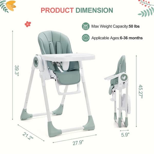dimension image slide 0 of 3, Foldable High Chairs for Babies and Toddlers with 7 Height and 5 Recline Adjustable Backrest