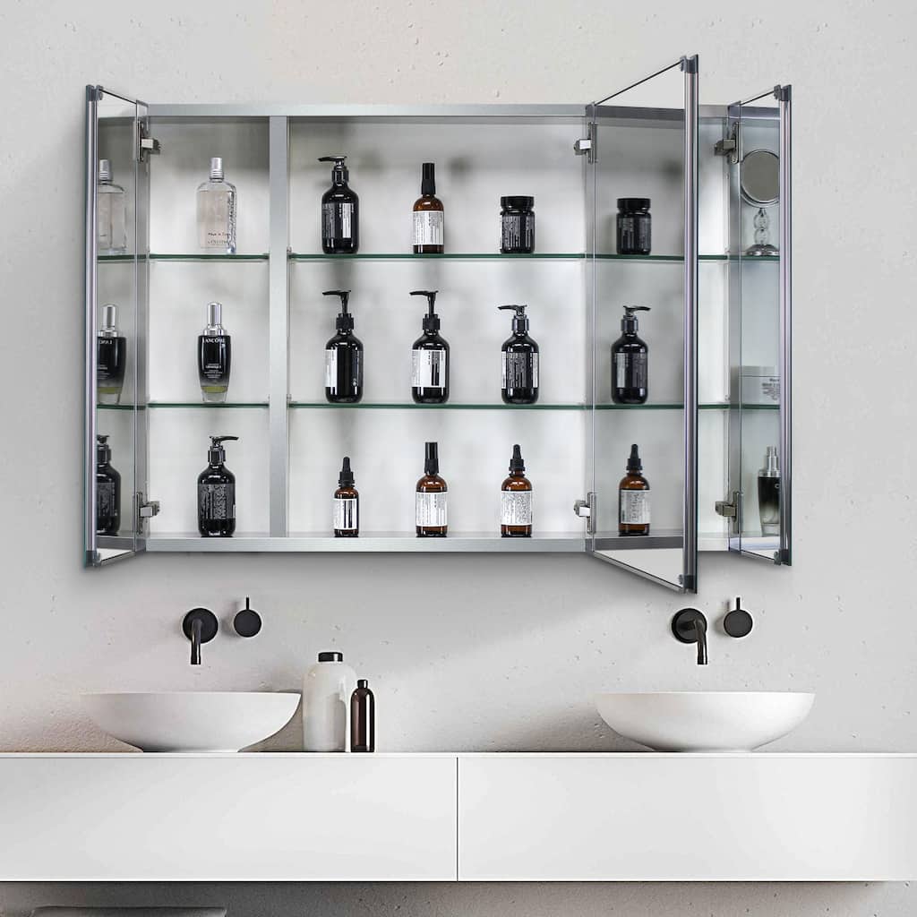 Aluminum Bathroom Medicine Cabinet Adjustable Glass Shelves Waterproof Surface Mount Installation