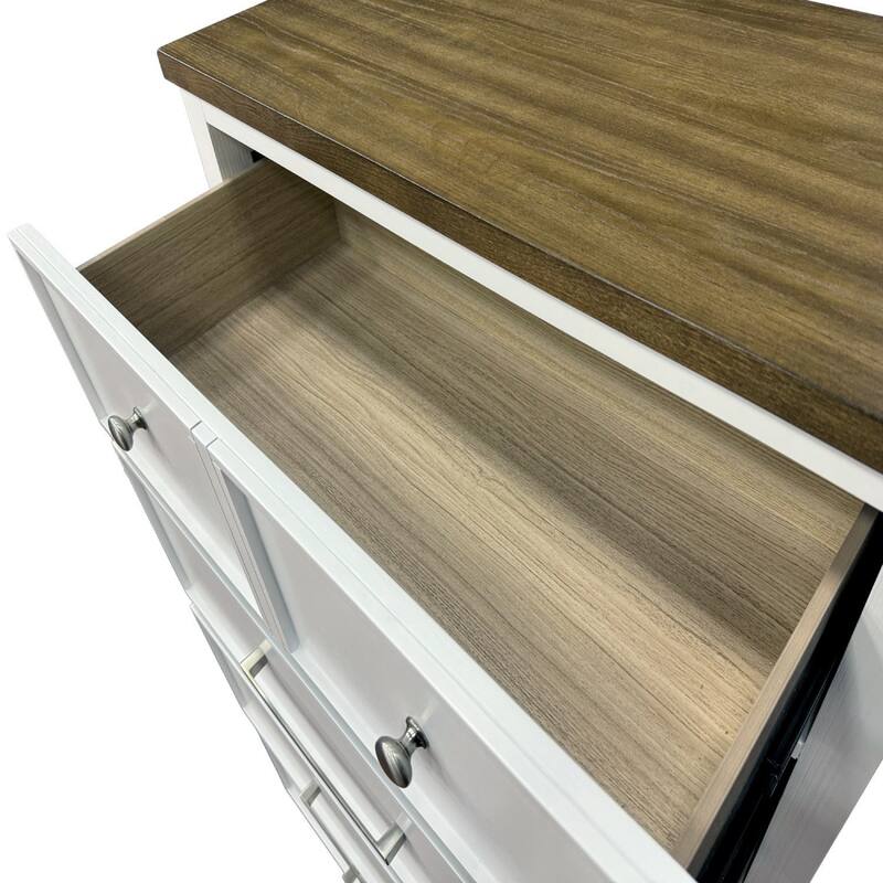 Tela Tall Dresser Chest, 5 Drawers w/ Nickel Handles, White and Brown