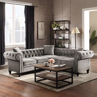 Modern Deep Button Tufted Velvet Upholstered Rolled Arm Classic Chesterfield L Shaped Sectional Sofa 3 Pillows Included-Grey