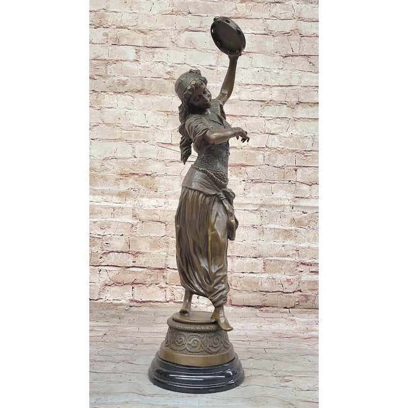 Tambourine Dancer Girl Bronze Sculpture Musical Decor Figure By M.C. Bouay