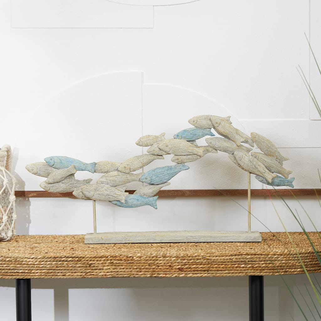 Light Blue Polystone Textured Ombre Swimming Fish Decorative Sculpture with Stand