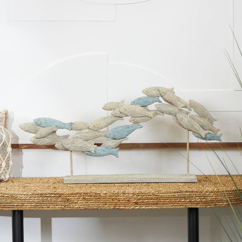 Light Blue Polystone Textured Ombre Swimming Fish Decorative Sculpture with Stand - Light Blue