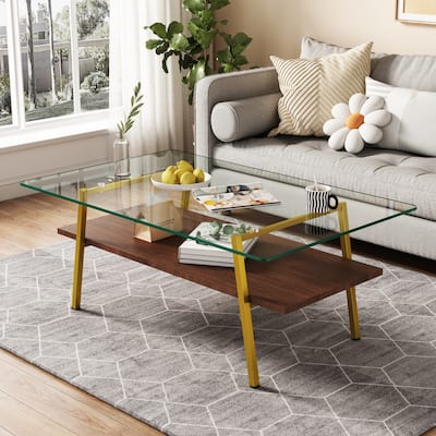 Rectangle Coffee Table,Tempered Glass Tabletop with Metal Legs，Modern Table for Living Room,Transparent Glass
