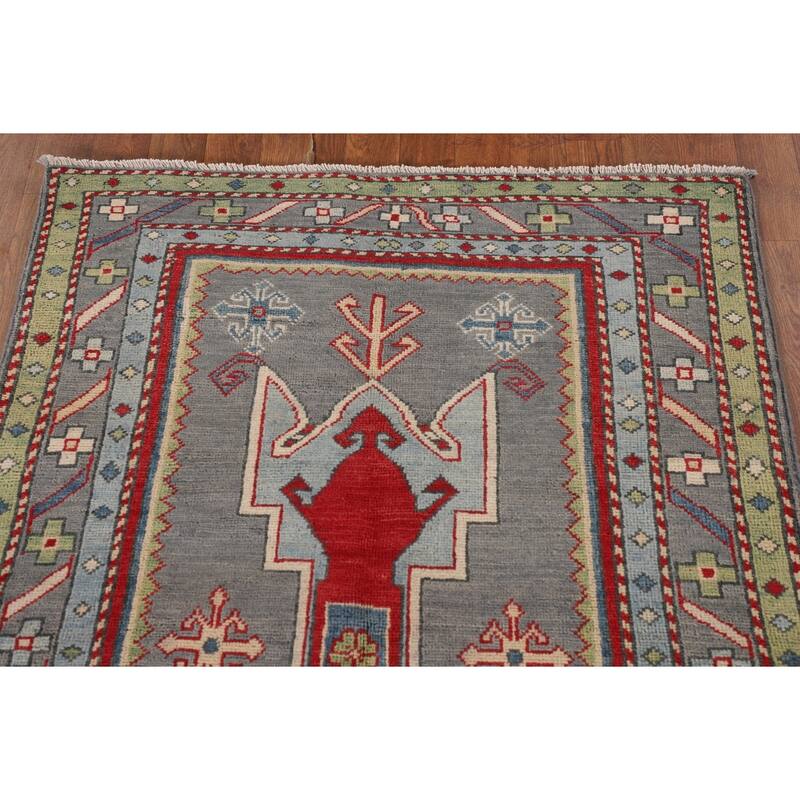 Gray Geometric Kazak Oriental Accent Rug Hand-Knotted Wool Carpet - 3'4"x 5'0"