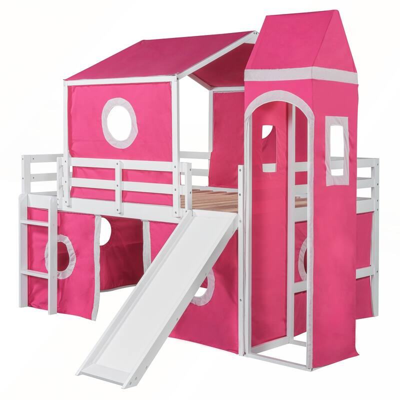 Full Size Loft Bed with Slide Pink Tent and Tower