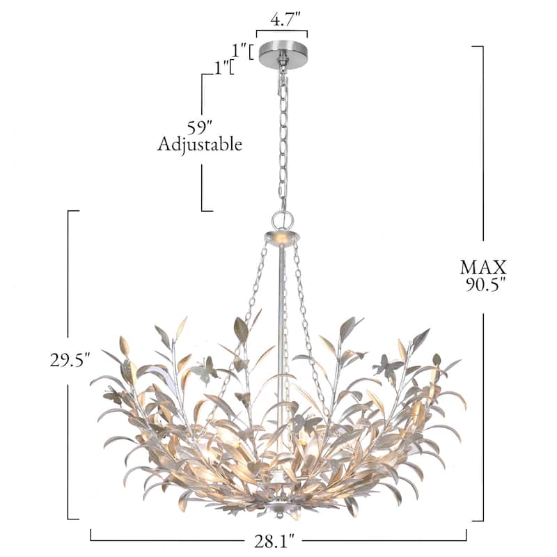 Modern Vintage 6-Light Silver Chandelier Handcrafted Silver Foil Antique Leaf & Butterfly Ceiling Light