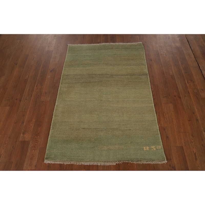 Modern Gabbeh Oriental Foyer Rug Hand-Knotted Green Wool Carpet - 2'7"x 4'0"