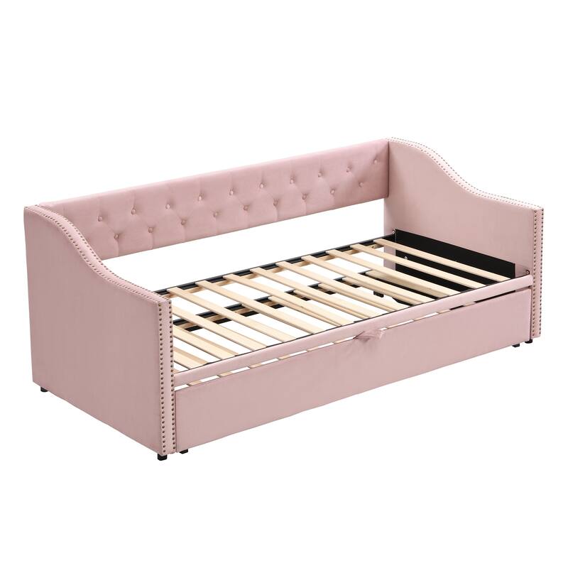Twin Size Upholstered daybed with Pop Up Trundle, Pink
